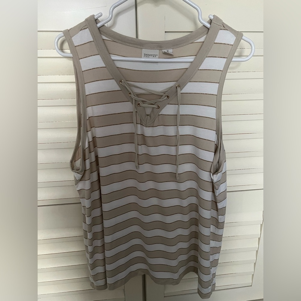 Chico's Tan and White Striped Lace-Up Tank Top